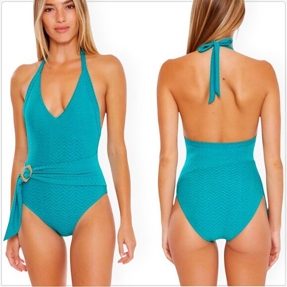 Trina Turk Marine Teal Lurex Empire Halter Belted One Piece Swimsuit NWT NEW 6 - Picture 1 of 4